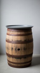 Fototapeta premium Rustic wooden barrel with metal lid on white background for storage or decoration