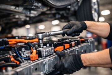 Obraz premium Mechanic disassembling electric vehicle battery module in industrial workshop