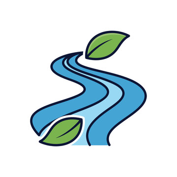 Winding blue river with green leaves on white background