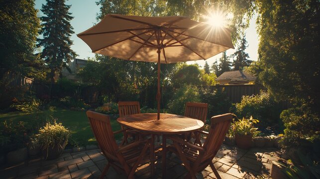 Wooden dining table and chairs sit under a large beige umbrella in an idyllic backyard patio with sun-drenched lush greenery and flare.
