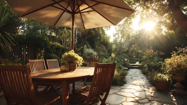 Wooden dining table and chairs sit under a large beige umbrella in an idyllic backyard patio with sun-drenched lush greenery and flare.