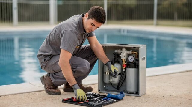 Medium shot showing maintenance work at a fenced pool a technician adjusting the filtration system with tools in crisp detail while the pool and fence edges fade into a gentle
