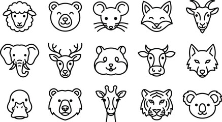 Comprehensive set of minimalist line icons featuring cute animal heads like bear, elephant, tiger, giraffe, and koala for children education, zoo branding, and nature conservation. © Mahmud's World