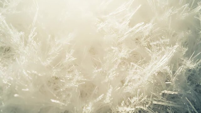 Delicate hoarfrost forms intricate ice crystal patterns on a winter surface, creating a shimmering, fragile frozen texture that evokes calm, cold seasonal beauty and serenity