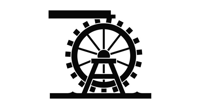 Stylized illustration of a waterwheel and mill building silhouette