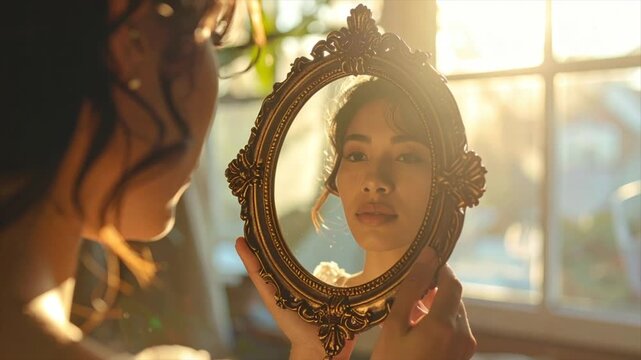 A woman gazes in a decorative oval mirror, sunlight filtering through a window behind her