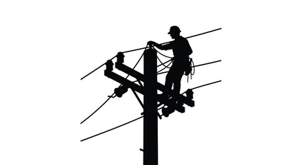 Lineman working on high voltage power lines a striking silhouette © MdGolam