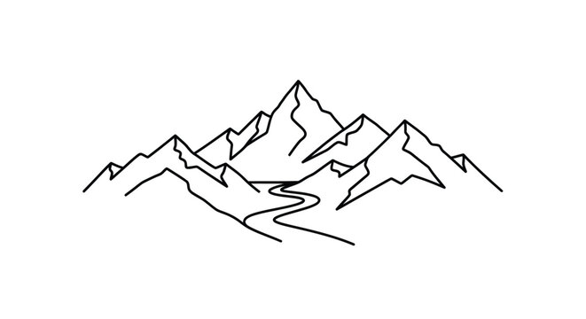 Minimalist mountain range illustration with a flowing river silhouette