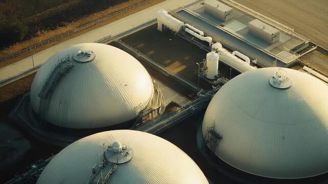 Biogas plant with large anaerobic digesters and storage tanks generating renewable bioenergy from waste, supporting circular economy, wastewater treatment, and reduced emissions