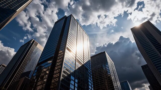 Urban skyline with vortex clouds and god rays over modern skyscrapers