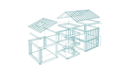 Isometric Exploded View 3D Wireframe of Modern Residential House Structure