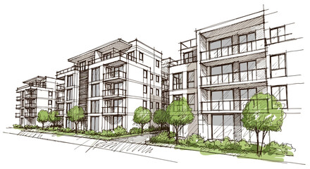 Hand Drawn Architectural Sketch of Modern Multi Story Apartment Complex with Greenery © Rishi