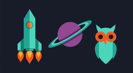 Space and Wisdom Concept Set with Rocket Ship Saturn Planet and Owl Icon © Rishi