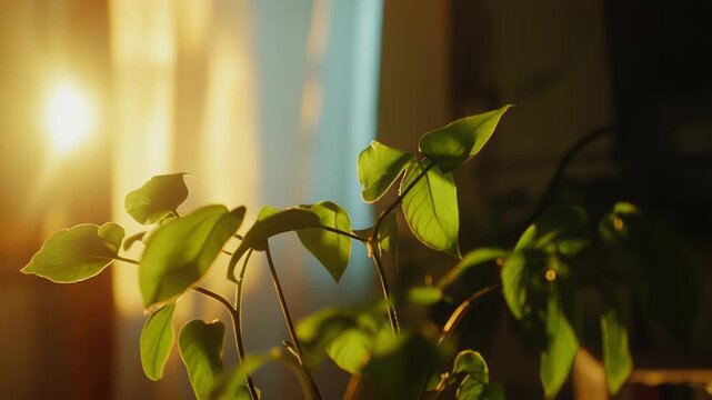 Potted houseplant with vibrant green leaves basking in warm morning sunlight, creating a calm, cozy indoor scene with soft shadows and fresh, natural light ambiance