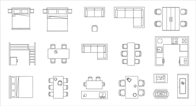 Architectural Floor Plan Furniture Symbols Set with Top View Beds Sofas and Tables
