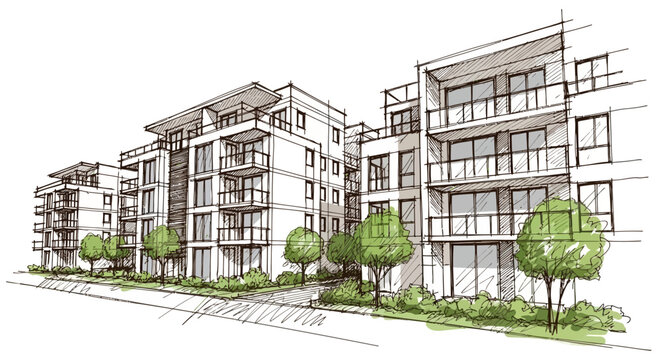 Hand Drawn Architectural Sketch of Modern Multi Story Apartment Complex with Greenery