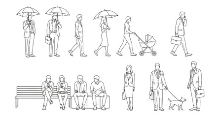 Obraz premium Architectural Scale Figures Vector Set of People Walking Sitting and Standing Line Art for CAD