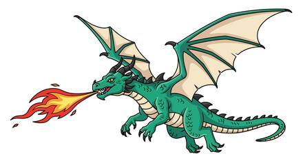 Mythical Green Dragon Illustration Breathing Fire with Large Wings and Sharp Talons