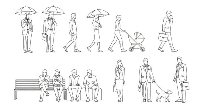 Architectural Scale Figures Vector Set of People Walking Sitting and Standing Line Art for CAD