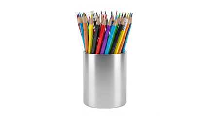Fototapeta premium Colorful pencils in a silver container on transparent background