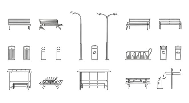 Urban Street Furniture and Park Amenity Set with Line Art Benches Street Lights and Bus Stops