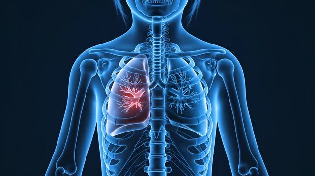 Human body with transparent blue skeleton and glowing red lungs