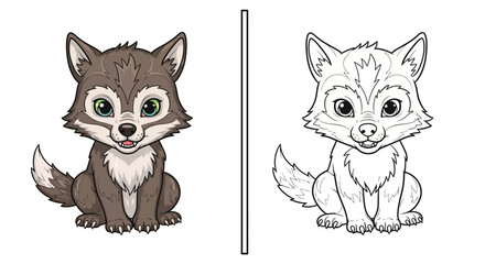 Obraz premium Cute Baby Wolf Character Set with Full Color and Black and White Line Art Coloring Page