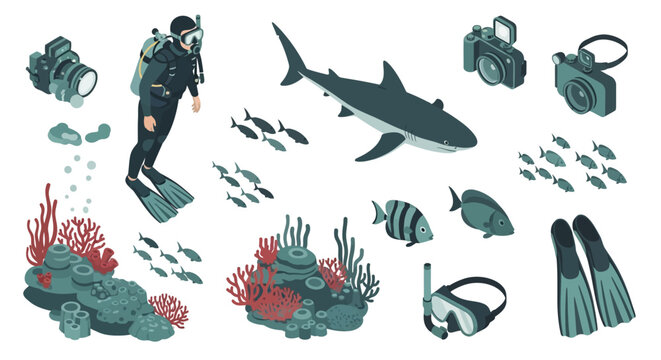 Isometric Scuba Diving Set with Diver Shark Coral Reef and Underwater Photography Gear