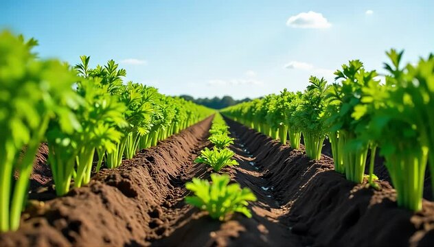 A carrot field stretching under a clear blue sky with neatly planted rows and lush green leaves 