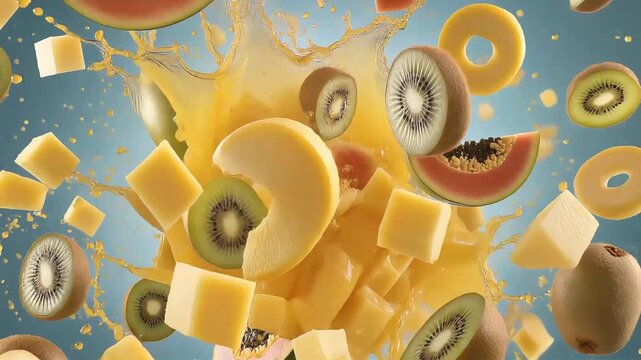A vibrant mix of mango slices pineapple rings papaya cubes and kiwi wheels exploding outward in slow motion with golden tropical juice splashing dynamically against a bright summer backdrop 