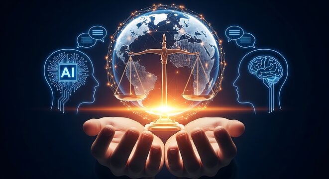 Hands holding a glowing scale with a map and A I brain symbols around it balance