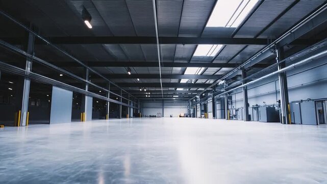 Empty modern industrial warehouse interior with gleaming polished concrete floor, high ceilings and skylights spacious, clean commercial space for logistics, storage, or manufacturing