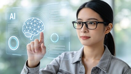Young woman interacting with artificial intelligence interface,AI brain hologram display,futuristic technology innovation and machine learning concept in modern workspace