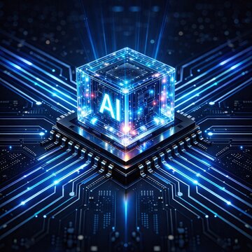 Glowing AI processor chip with illuminated circuit pathways in a futuristic digital environment. Concept of artificial intelligence, data processing, neural networks, and advanced computing technology