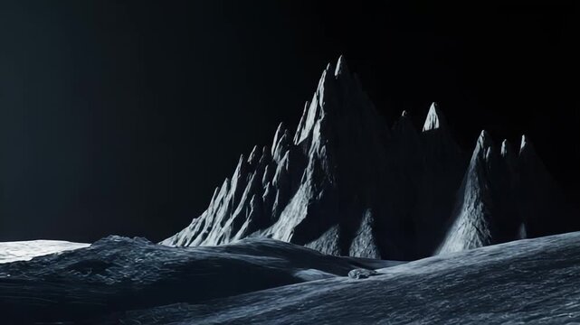 Rocky extraterrestrial surface pocked with craters and jagged formations, a desolate moonscape stretching under a dark, starless sky for a dramatic, otherworldly scene