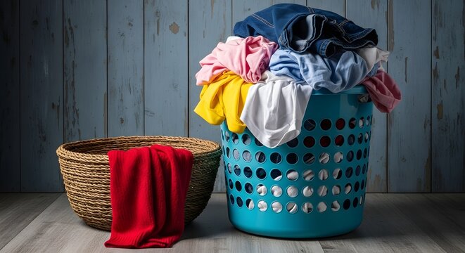 Overflowing vibrant clothes in blue laundry basket beside rustic wicker hamper on wooden floor and wall