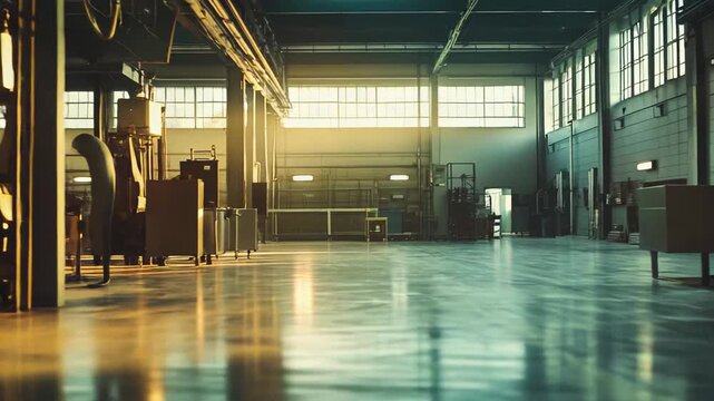 Sprawling industrial factory warehouse interior featuring an empty polished concrete floor reflecting warm sunlight streaming through large windows, creating a serene and spacious environment