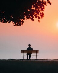 Obraz premium Silhouette of a Man Sitting on a Park Bench at Sunset Reflecting in Quiet Nature Setting for Mental Health and Wellness Branding with Copy Space