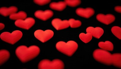 Red hearts scattered on a black background. The hearts vary in size and shape, creating a romantic and festive atmosphere.