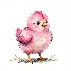 A cute, small pink chick stands on the ground. The chick has fluffy feathers, a round body, and a cheerful expression. It is a cartoon-style illustration.
