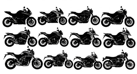 Collection of various motorcycle silhouettes isolated on white background.