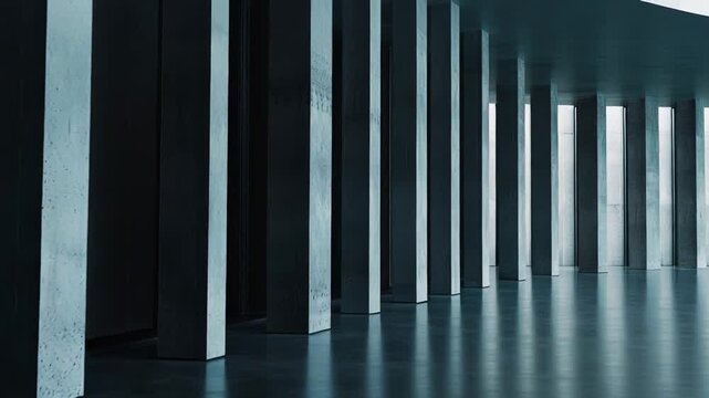 Concrete pillars forming an abstract, repetitive pattern in a minimalist architectural interior, with dark reflections on the polished floor creating depth and a sense of calm