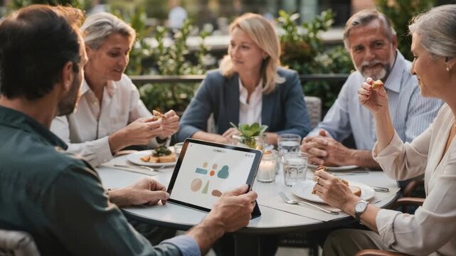 Medium shot showing a group at a patio table one guest interacting with a digital menu on a tablet outdoor greenery gently blurred around.