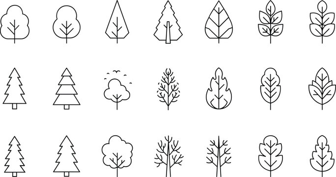 Tree Line Icon Collection with Pine Oak and Abstract Forest Nature Outline Vector Illustration Set