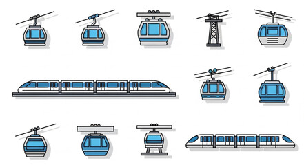 Collection of modern cable car gondolas and high speed trains. © Tuhin