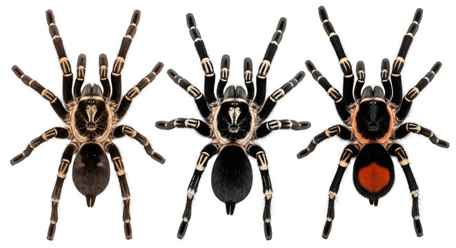Three black and white striped tarantulas with distinct abdominal markings
