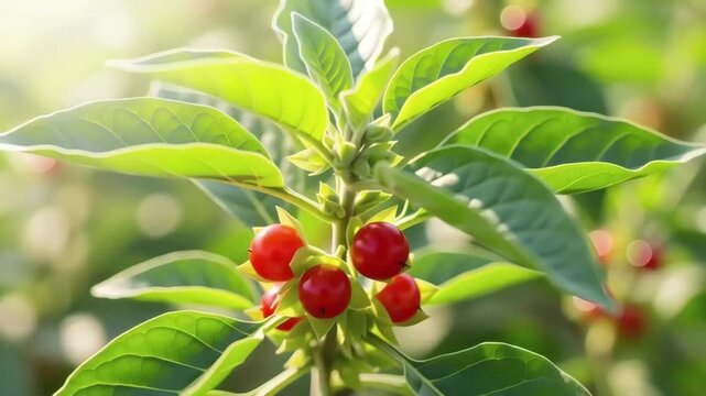 Macro cinematic footage of Withania somnifera ashwagandha plant with green leaves and berries moving in soft wind