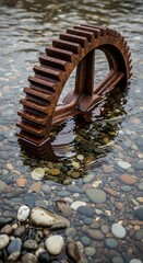 Fototapeta premium Rusty metal gear partially submerged in pebble-strewn river with rippled water surface