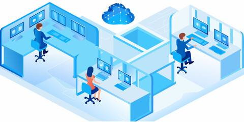 Obraz premium Isometric illustration of a modern office with workers and cloud computing