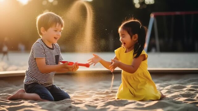 Candid video of two children playing together in a sandbox at a park during golden hour